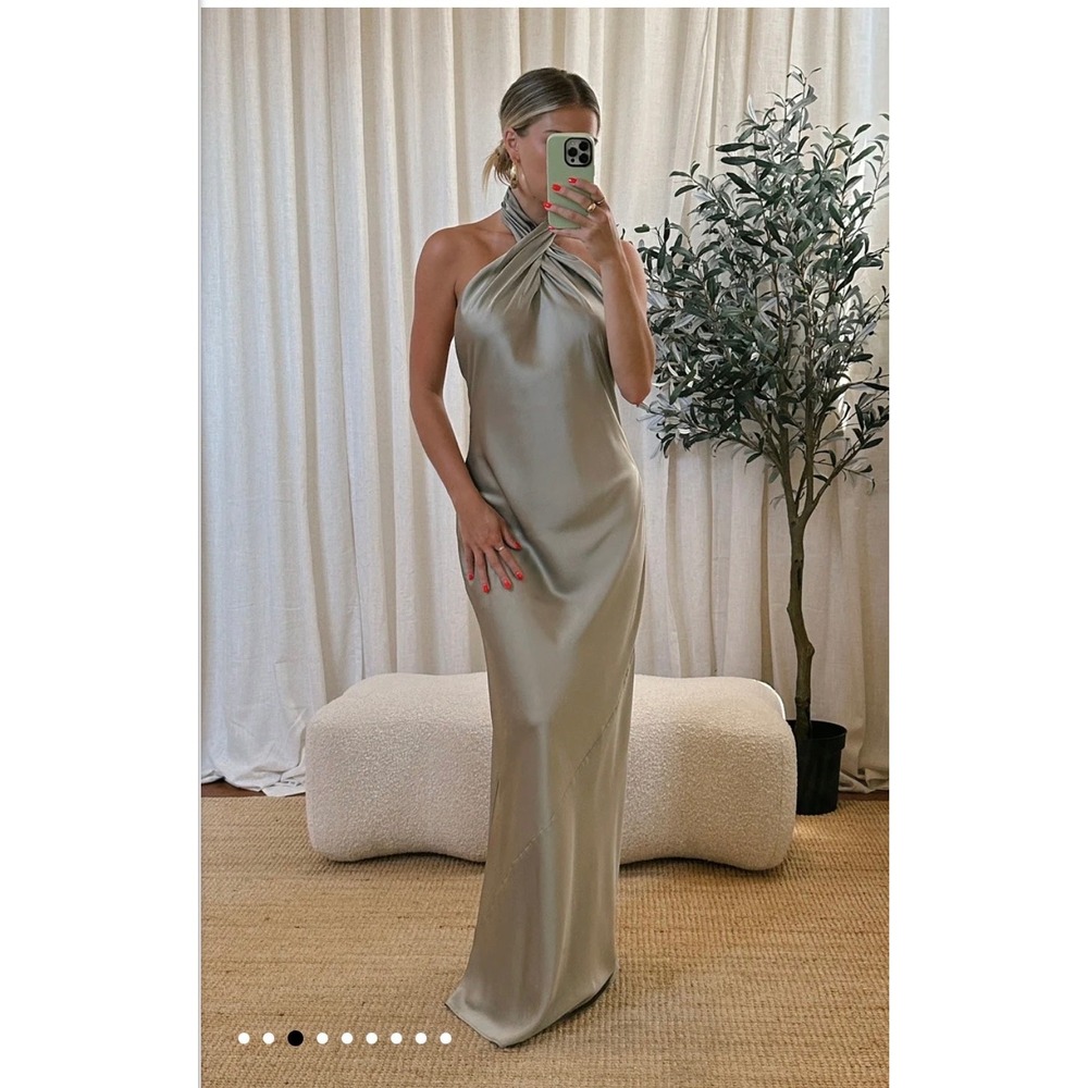 Show Me Your Mumu Jasmine Halter Maxi Dress Moss Green Luxe Satin Size M